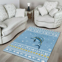 Seychelles Christmas Area Rug with Ocean Blue Pattern, Marlin Fish Artwork, and Surfing Santa Motif - Wonder Print Shop