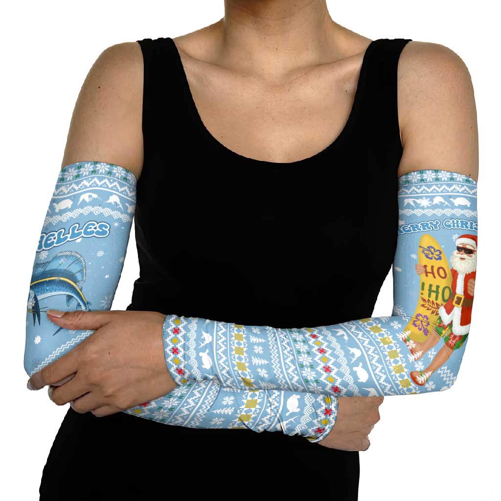 Seychelles Christmas Arm Sleeves with Ocean Blue Pattern, Marlin Fish Artwork, and Surfing Santa Motif - Wonder Print Shop