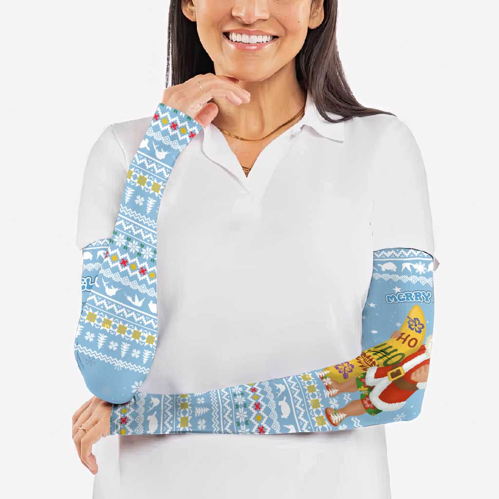 Seychelles Christmas Arm Sleeves with Ocean Blue Pattern, Marlin Fish Artwork, and Surfing Santa Motif - Wonder Print Shop
