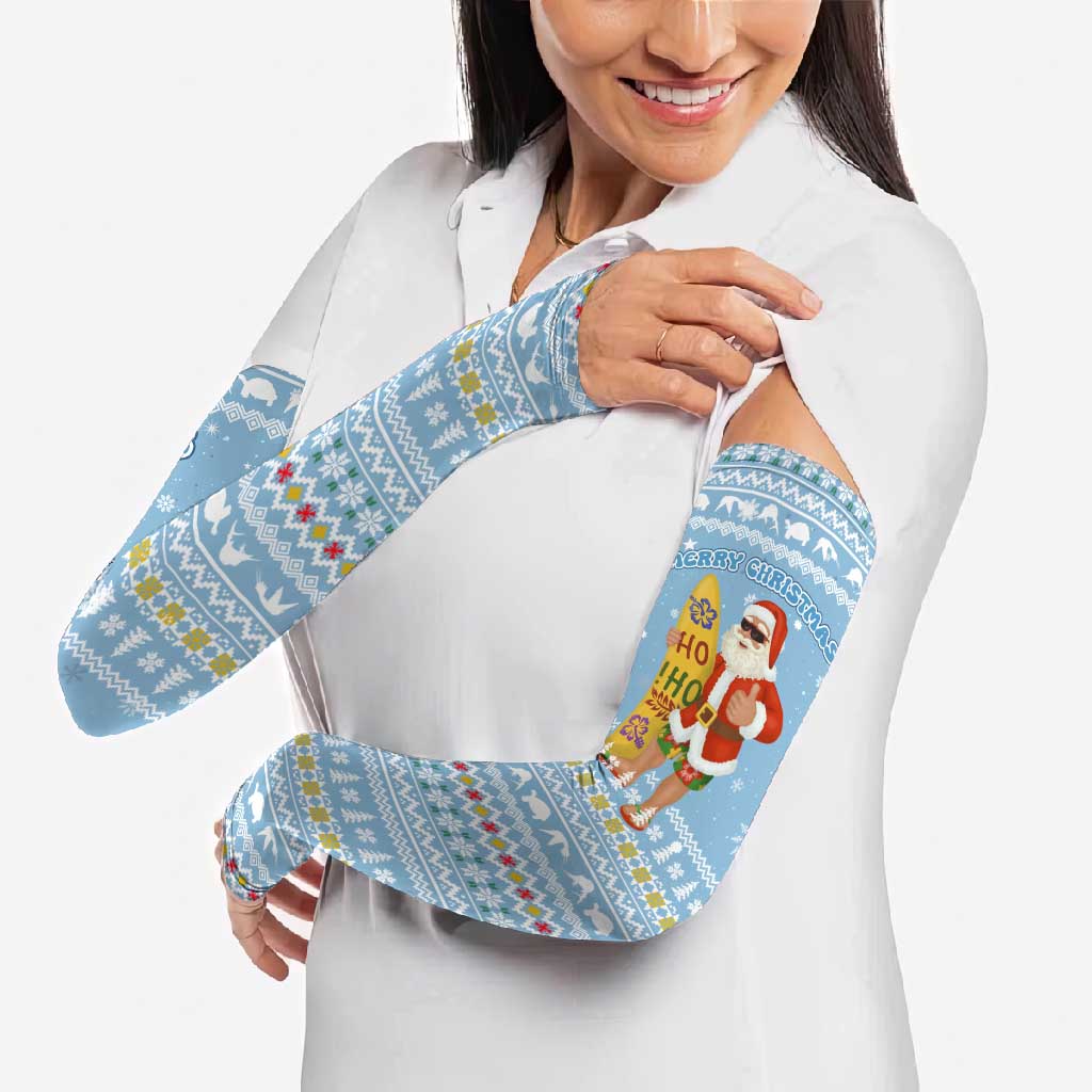 Seychelles Christmas Arm Sleeves with Ocean Blue Pattern, Marlin Fish Artwork, and Surfing Santa Motif - Wonder Print Shop