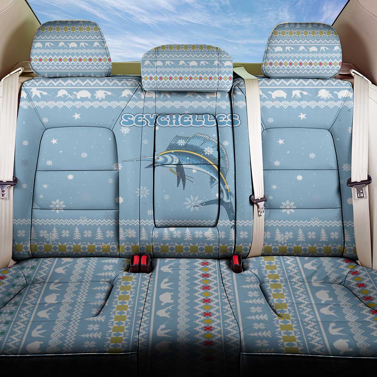 Seychelles Christmas Back Car Seat Cover with Ocean Blue Pattern, Marlin Fish Artwork, and Surfing Santa Motif - Wonder Print Shop