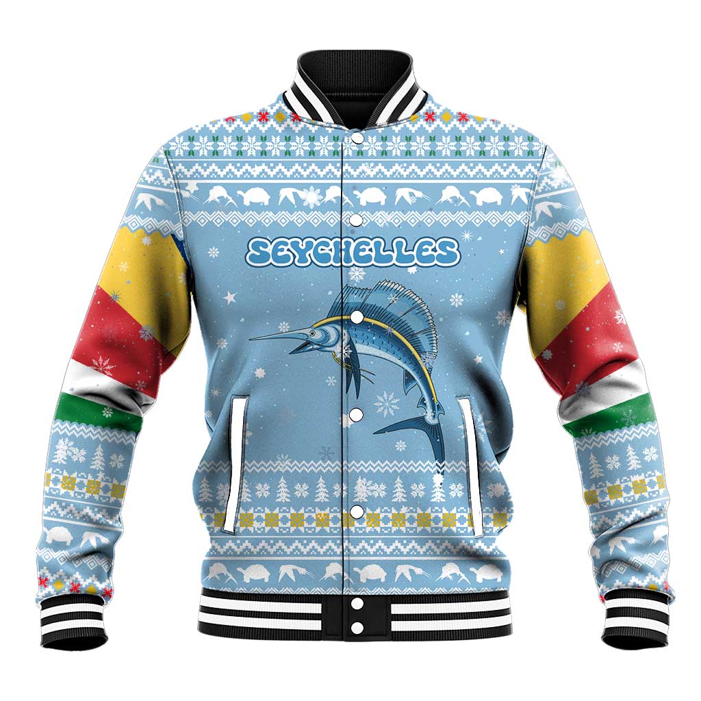 Seychelles Christmas Baseball Jacket with Ocean Blue Pattern, Marlin Fish Artwork, and Surfing Santa Motif - Wonder Print Shop
