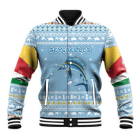 Seychelles Christmas Baseball Jacket with Ocean Blue Pattern, Marlin Fish Artwork, and Surfing Santa Motif - Wonder Print Shop