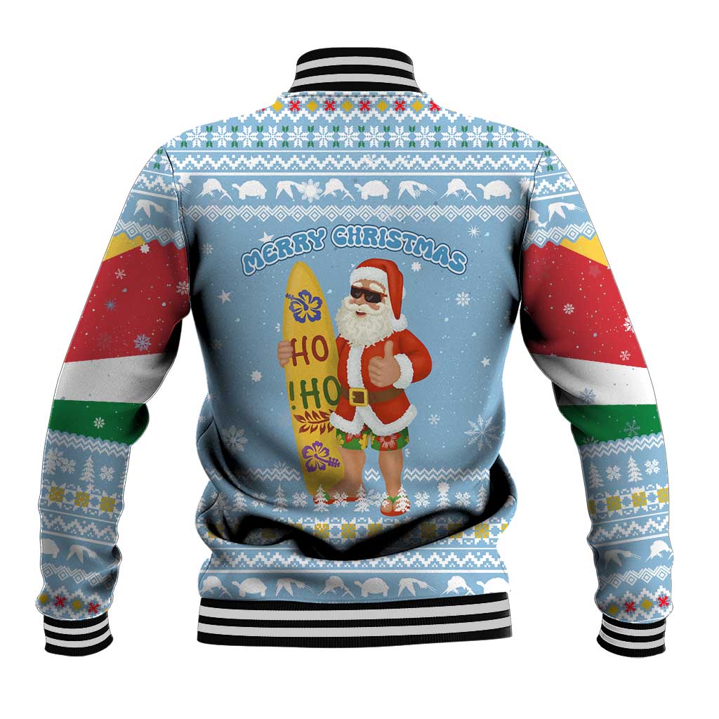 Seychelles Christmas Baseball Jacket with Ocean Blue Pattern, Marlin Fish Artwork, and Surfing Santa Motif - Wonder Print Shop