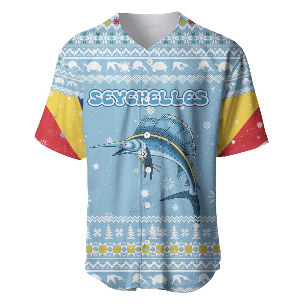 Seychelles Christmas Baseball Jersey with Ocean Blue Pattern, Marlin Fish Artwork, and Surfing Santa Motif - Wonder Print Shop