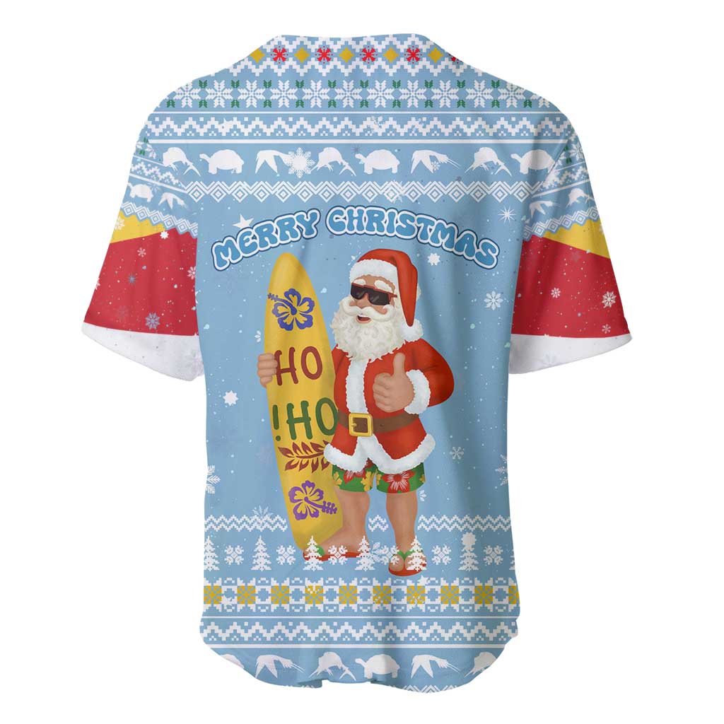 Seychelles Christmas Baseball Jersey with Ocean Blue Pattern, Marlin Fish Artwork, and Surfing Santa Motif - Wonder Print Shop