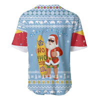 Seychelles Christmas Baseball Jersey with Ocean Blue Pattern, Marlin Fish Artwork, and Surfing Santa Motif - Wonder Print Shop