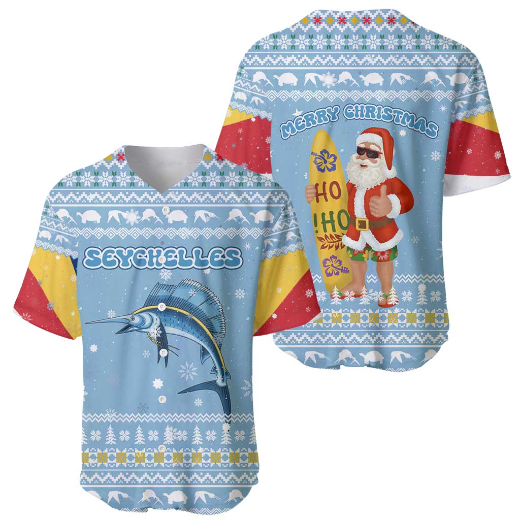 Seychelles Christmas Baseball Jersey with Ocean Blue Pattern, Marlin Fish Artwork, and Surfing Santa Motif - Wonder Print Shop