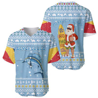 Seychelles Christmas Baseball Jersey with Ocean Blue Pattern, Marlin Fish Artwork, and Surfing Santa Motif - Wonder Print Shop