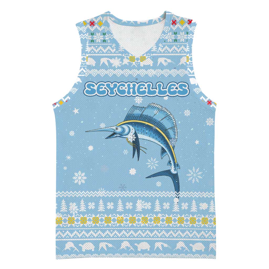 Seychelles Christmas Basketball Jersey with Ocean Blue Pattern, Marlin Fish Artwork, and Surfing Santa Motif - Wonder Print Shop