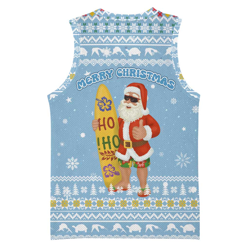 Seychelles Christmas Basketball Jersey with Ocean Blue Pattern, Marlin Fish Artwork, and Surfing Santa Motif - Wonder Print Shop