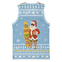 Seychelles Christmas Basketball Jersey with Ocean Blue Pattern, Marlin Fish Artwork, and Surfing Santa Motif - Wonder Print Shop