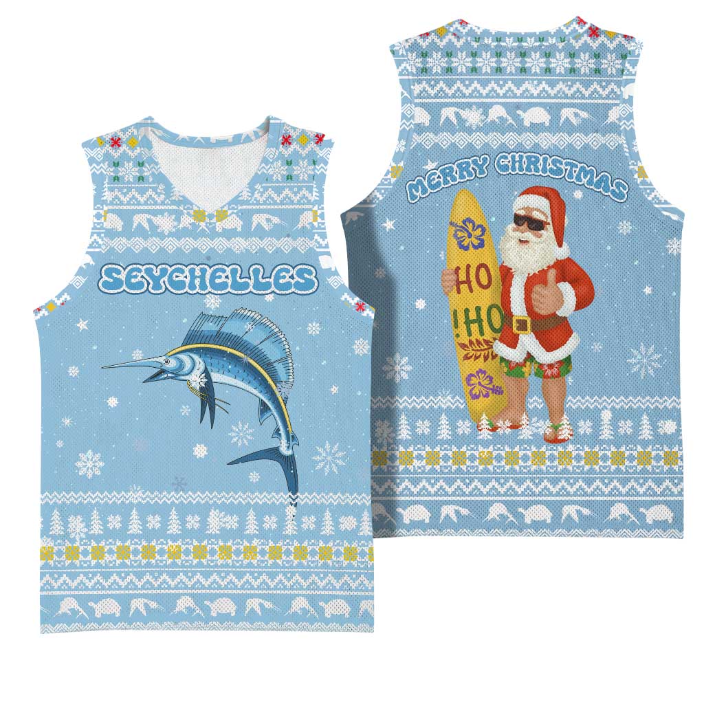 Seychelles Christmas Basketball Jersey with Ocean Blue Pattern, Marlin Fish Artwork, and Surfing Santa Motif - Wonder Print Shop