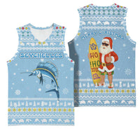 Seychelles Christmas Basketball Jersey with Ocean Blue Pattern, Marlin Fish Artwork, and Surfing Santa Motif - Wonder Print Shop