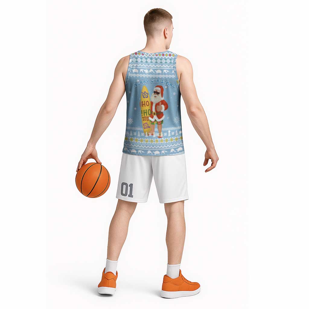 Seychelles Christmas Basketball Jersey with Ocean Blue Pattern, Marlin Fish Artwork, and Surfing Santa Motif - Wonder Print Shop
