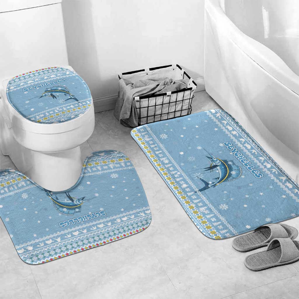 Seychelles Christmas Bathroom Set with Ocean Blue Pattern, Marlin Fish Artwork, and Surfing Santa Motif - Wonder Print Shop