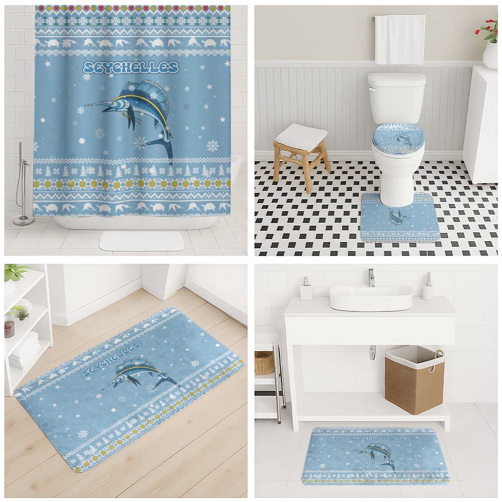 Seychelles Christmas Bathroom Set with Ocean Blue Pattern, Marlin Fish Artwork, and Surfing Santa Motif - Wonder Print Shop
