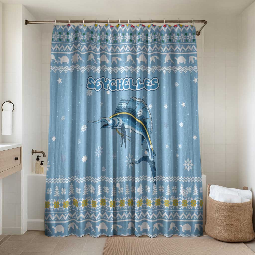 Seychelles Christmas Bathroom Set with Ocean Blue Pattern, Marlin Fish Artwork, and Surfing Santa Motif - Wonder Print Shop