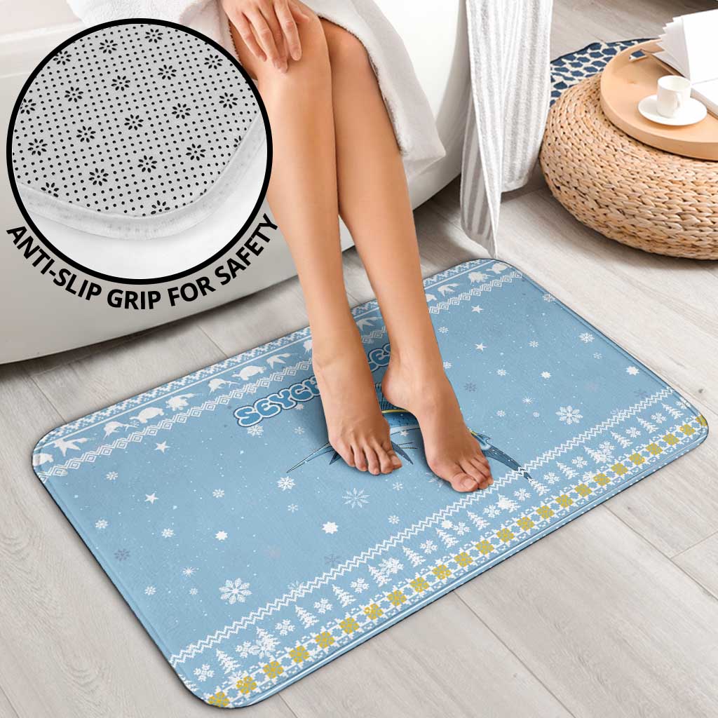 Seychelles Christmas Bathroom Set with Ocean Blue Pattern, Marlin Fish Artwork, and Surfing Santa Motif - Wonder Print Shop