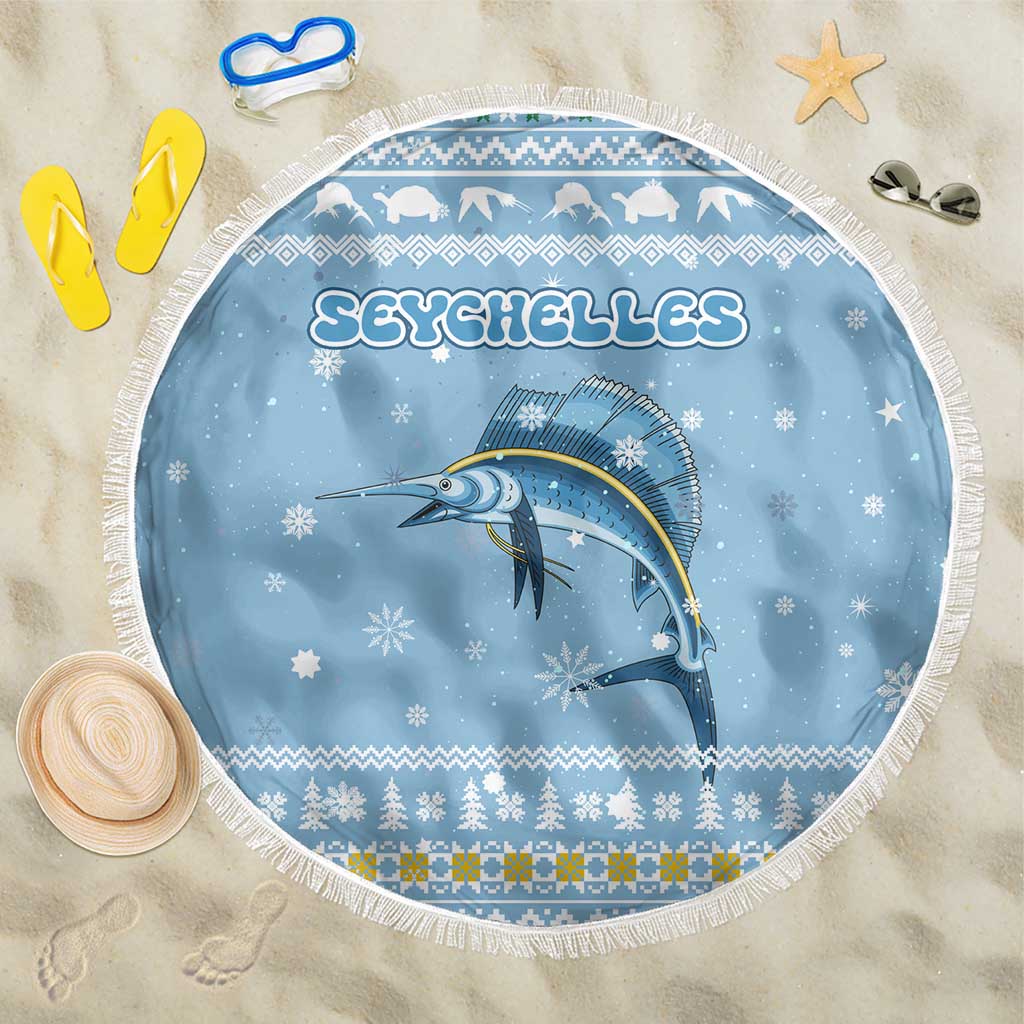 Seychelles Christmas Beach Blanket with Ocean Blue Pattern, Marlin Fish Artwork, and Surfing Santa Motif - Wonder Print Shop
