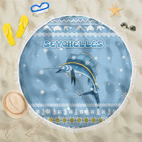 Seychelles Christmas Beach Blanket with Ocean Blue Pattern, Marlin Fish Artwork, and Surfing Santa Motif - Wonder Print Shop