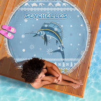 Seychelles Christmas Beach Blanket with Ocean Blue Pattern, Marlin Fish Artwork, and Surfing Santa Motif - Wonder Print Shop