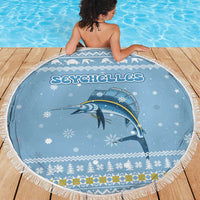 Seychelles Christmas Beach Blanket with Ocean Blue Pattern, Marlin Fish Artwork, and Surfing Santa Motif - Wonder Print Shop