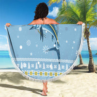 Seychelles Christmas Beach Blanket with Ocean Blue Pattern, Marlin Fish Artwork, and Surfing Santa Motif - Wonder Print Shop