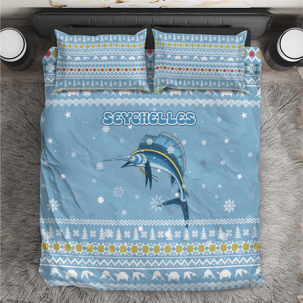 Seychelles Christmas Bedding Set with Ocean Blue Pattern, Marlin Fish Artwork, and Surfing Santa Motif - Wonder Print Shop