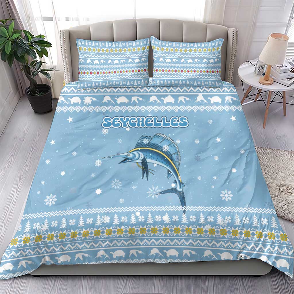 Seychelles Christmas Bedding Set with Ocean Blue Pattern, Marlin Fish Artwork, and Surfing Santa Motif - Wonder Print Shop
