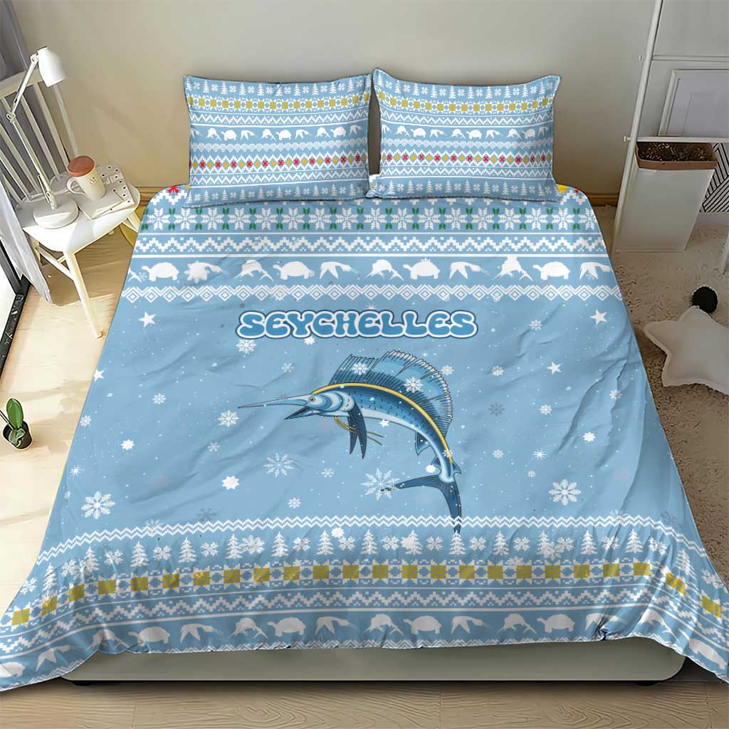 Seychelles Christmas Bedding Set with Ocean Blue Pattern, Marlin Fish Artwork, and Surfing Santa Motif - Wonder Print Shop