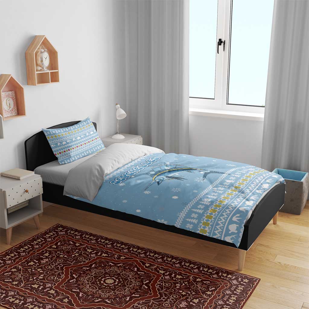 Seychelles Christmas Bedding Set with Ocean Blue Pattern, Marlin Fish Artwork, and Surfing Santa Motif - Wonder Print Shop