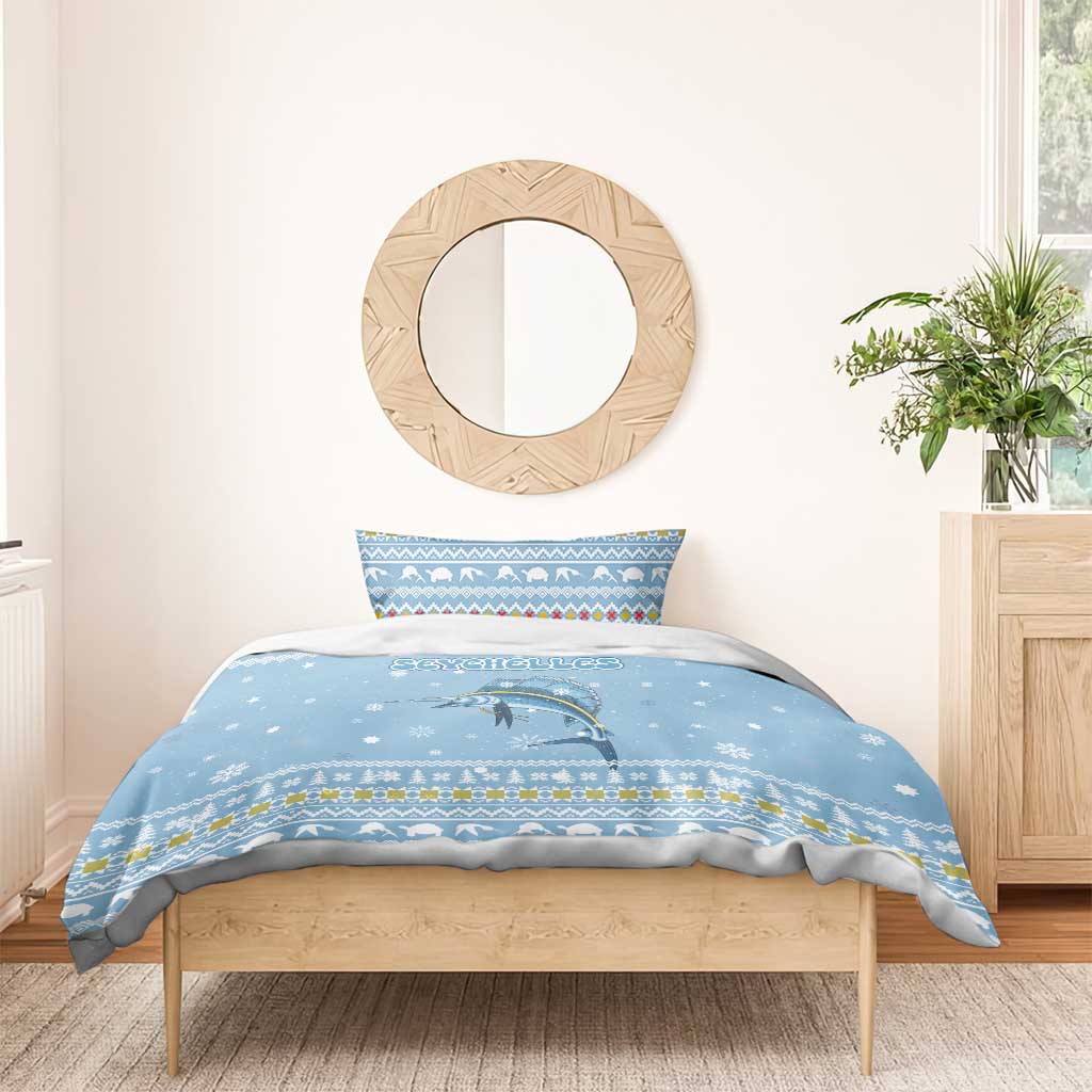 Seychelles Christmas Bedding Set with Ocean Blue Pattern, Marlin Fish Artwork, and Surfing Santa Motif - Wonder Print Shop