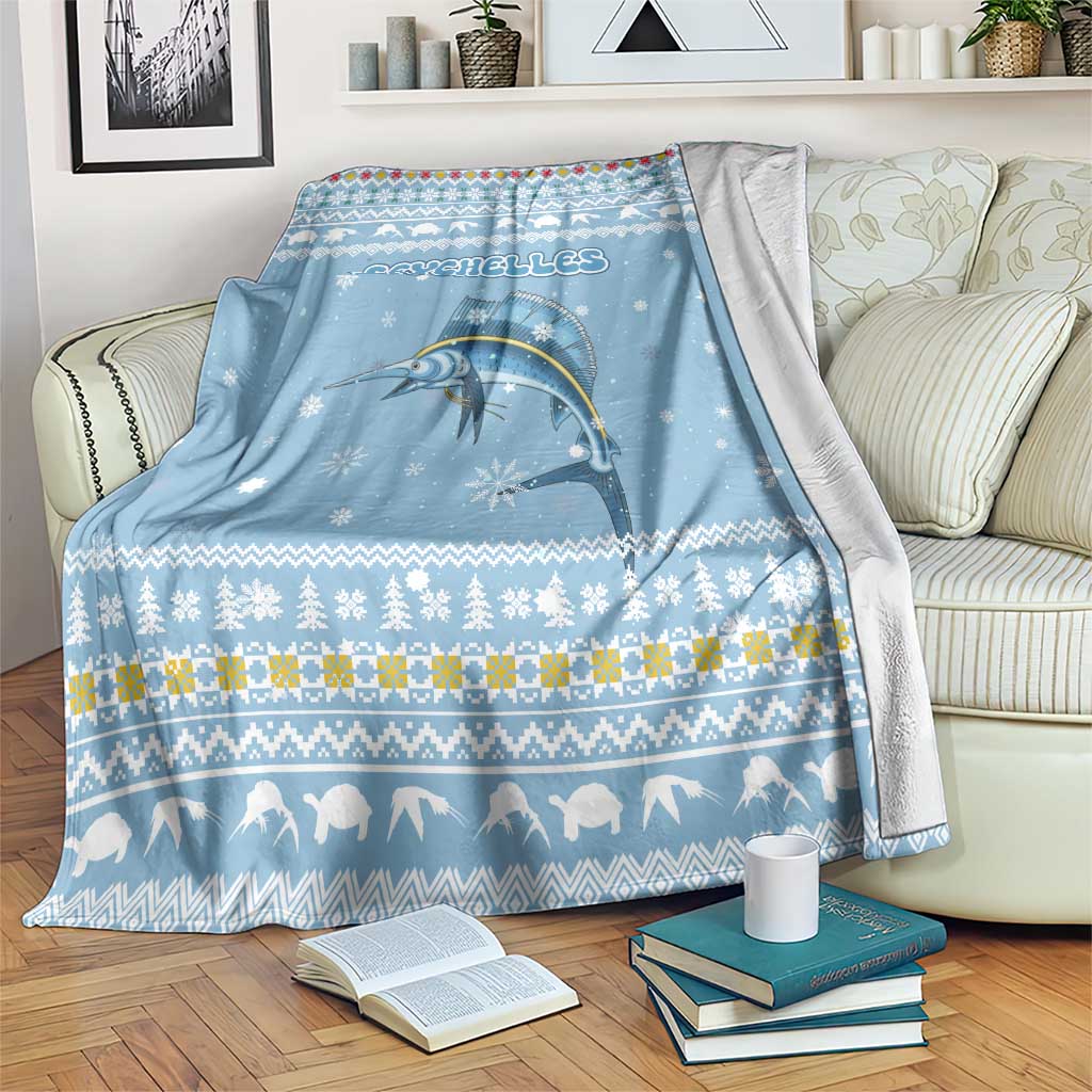 Seychelles Christmas Blanket with Ocean Blue Pattern, Marlin Fish Artwork, and Surfing Santa Motif - Wonder Print Shop