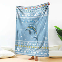 Seychelles Christmas Blanket with Ocean Blue Pattern, Marlin Fish Artwork, and Surfing Santa Motif - Wonder Print Shop