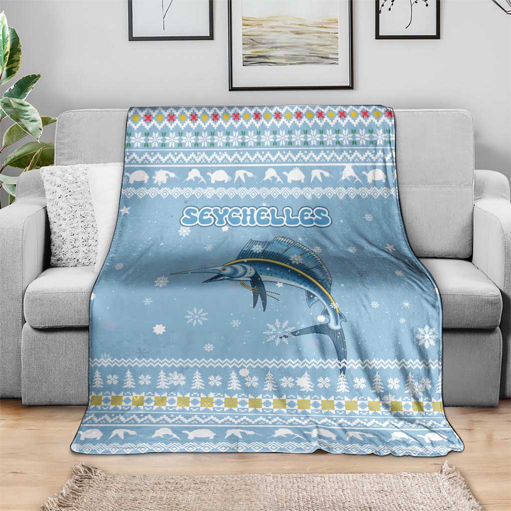Seychelles Christmas Blanket with Ocean Blue Pattern, Marlin Fish Artwork, and Surfing Santa Motif - Wonder Print Shop