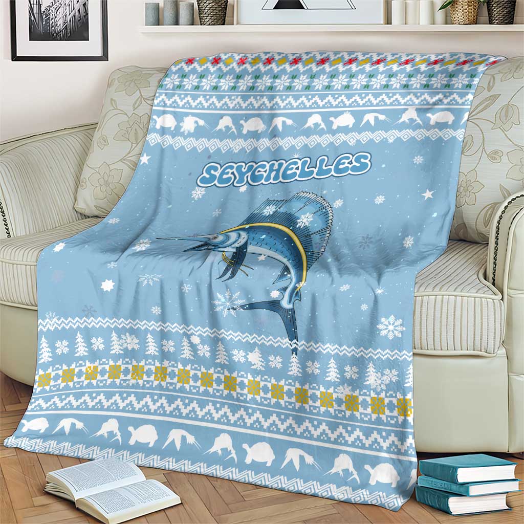 Seychelles Christmas Blanket with Ocean Blue Pattern, Marlin Fish Artwork, and Surfing Santa Motif - Wonder Print Shop