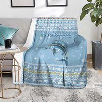 Seychelles Christmas Blanket with Ocean Blue Pattern, Marlin Fish Artwork, and Surfing Santa Motif - Wonder Print Shop