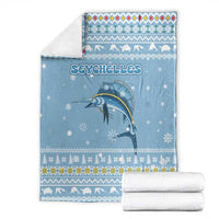 Seychelles Christmas Blanket with Ocean Blue Pattern, Marlin Fish Artwork, and Surfing Santa Motif - Wonder Print Shop