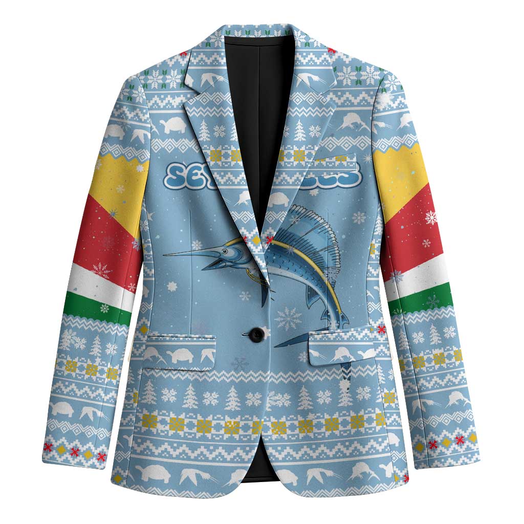Seychelles Christmas Blazer with Ocean Blue Pattern, Marlin Fish Artwork, and Surfing Santa Motif - Wonder Print Shop