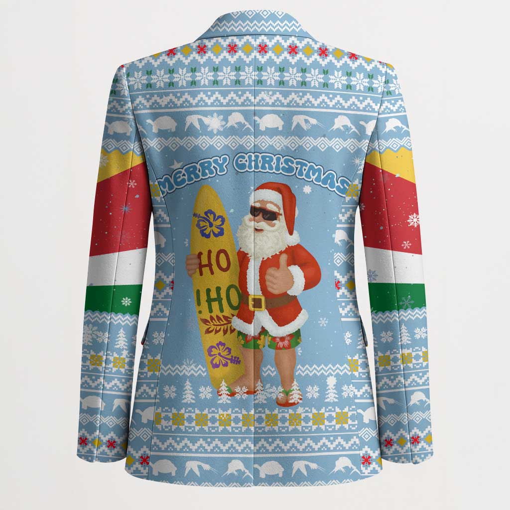 Seychelles Christmas Blazer with Ocean Blue Pattern, Marlin Fish Artwork, and Surfing Santa Motif - Wonder Print Shop