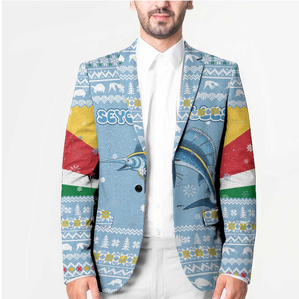Seychelles Christmas Blazer with Ocean Blue Pattern, Marlin Fish Artwork, and Surfing Santa Motif - Wonder Print Shop