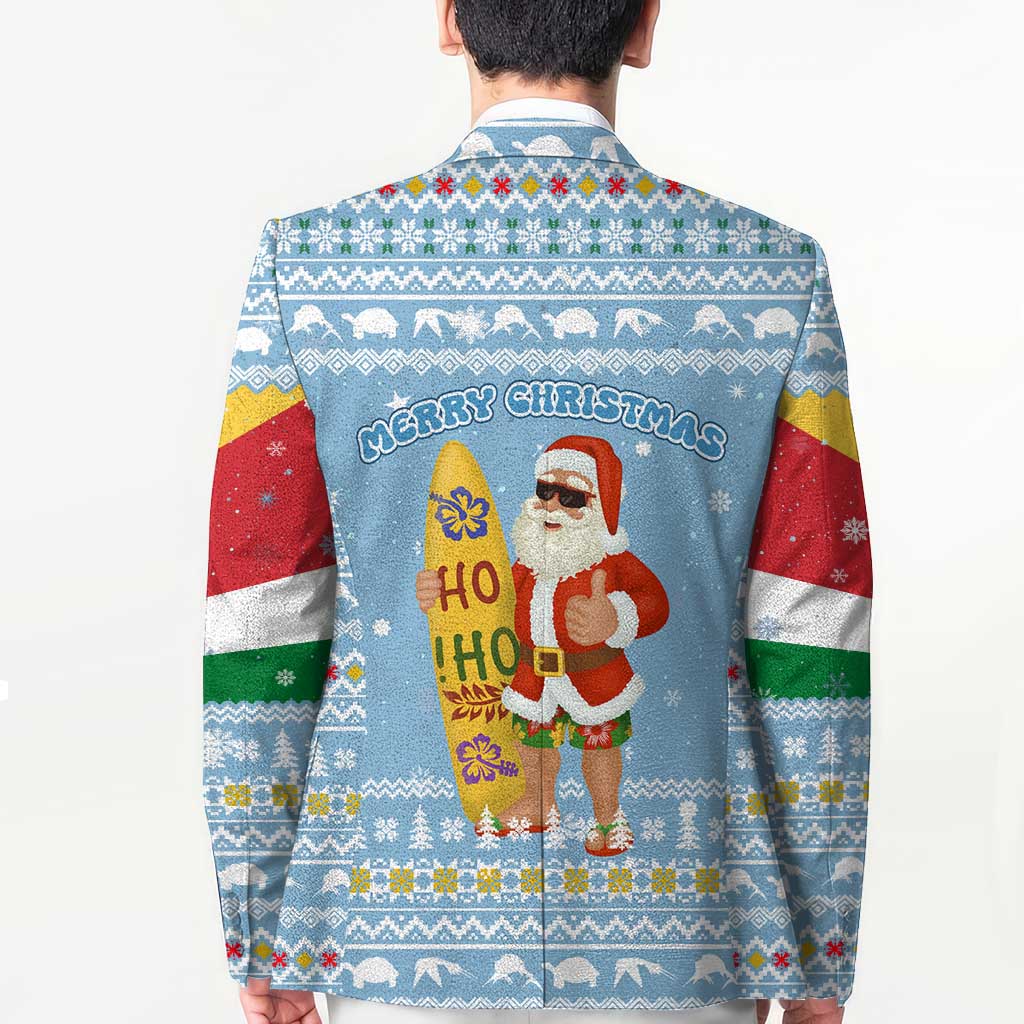 Seychelles Christmas Blazer with Ocean Blue Pattern, Marlin Fish Artwork, and Surfing Santa Motif - Wonder Print Shop