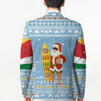 Seychelles Christmas Blazer with Ocean Blue Pattern, Marlin Fish Artwork, and Surfing Santa Motif - Wonder Print Shop