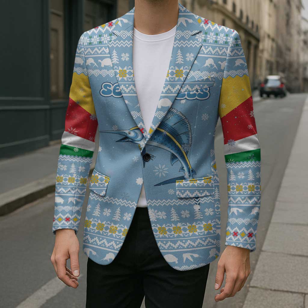 Seychelles Christmas Blazer with Ocean Blue Pattern, Marlin Fish Artwork, and Surfing Santa Motif - Wonder Print Shop