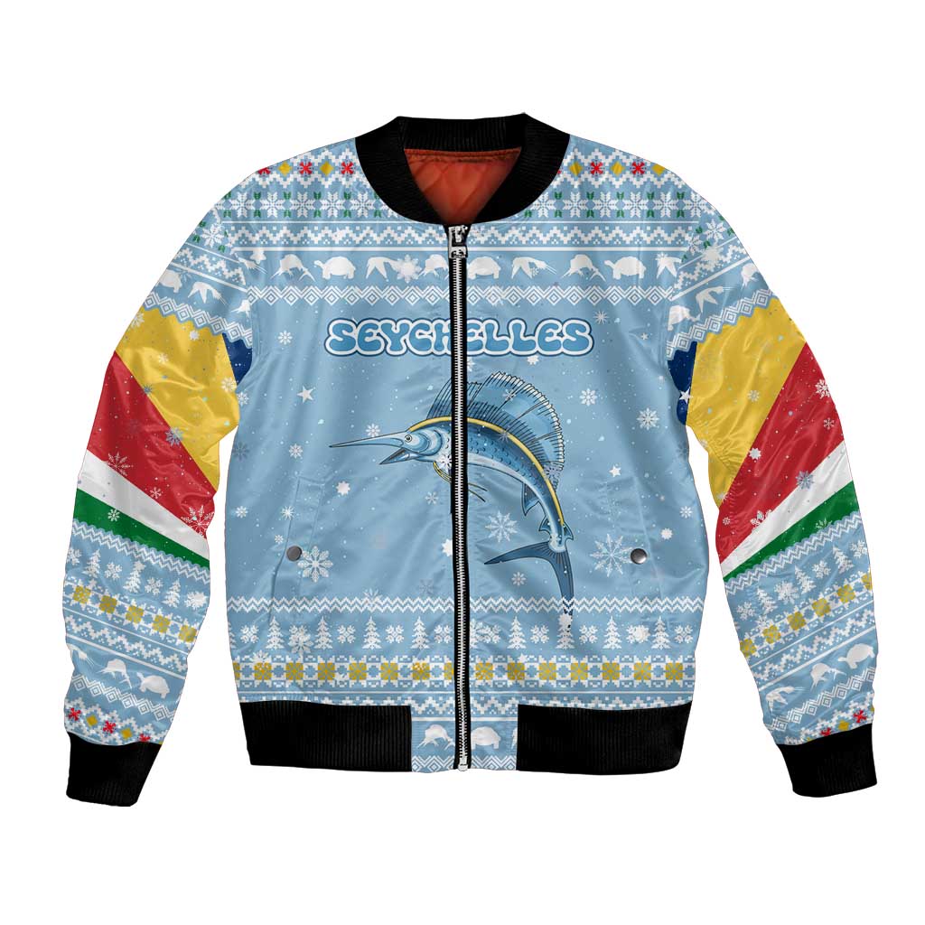 Seychelles Christmas Bomber Jacket with Ocean Blue Pattern, Marlin Fish Artwork, and Surfing Santa Motif - Wonder Print Shop