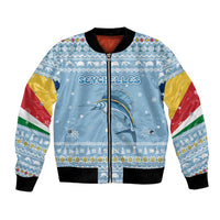 Seychelles Christmas Bomber Jacket with Ocean Blue Pattern, Marlin Fish Artwork, and Surfing Santa Motif - Wonder Print Shop