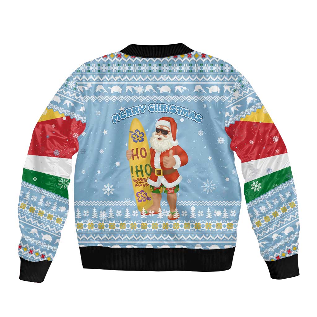 Seychelles Christmas Bomber Jacket with Ocean Blue Pattern, Marlin Fish Artwork, and Surfing Santa Motif - Wonder Print Shop