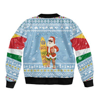 Seychelles Christmas Bomber Jacket with Ocean Blue Pattern, Marlin Fish Artwork, and Surfing Santa Motif - Wonder Print Shop