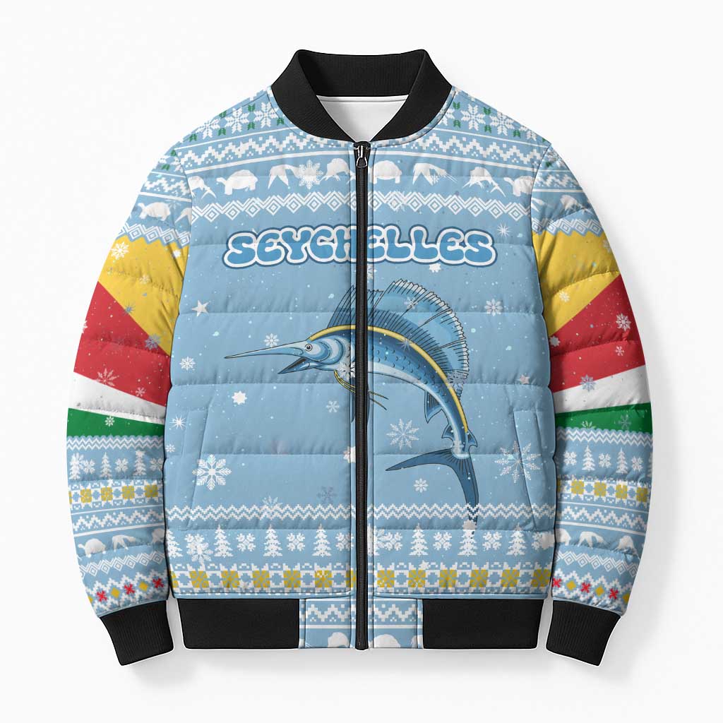 Seychelles Christmas Bomber Puffer Jacket with Ocean Blue Pattern, Marlin Fish Artwork, and Surfing Santa Motif - Wonder Print Shop